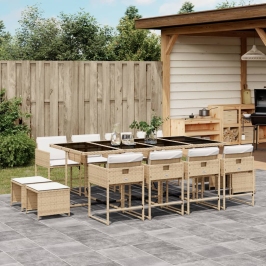 Set comedor de jardín con cojines 13 pzas ratán sintético beige