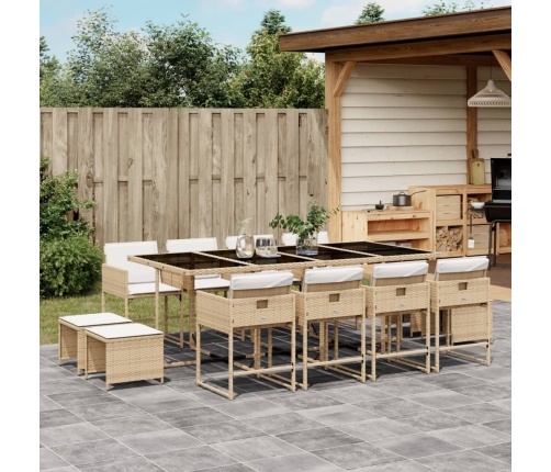 Set comedor de jardín con cojines 13 pzas ratán sintético beige