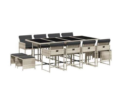 Set comedor jardín y cojines 13 pzas ratán sintético gris claro