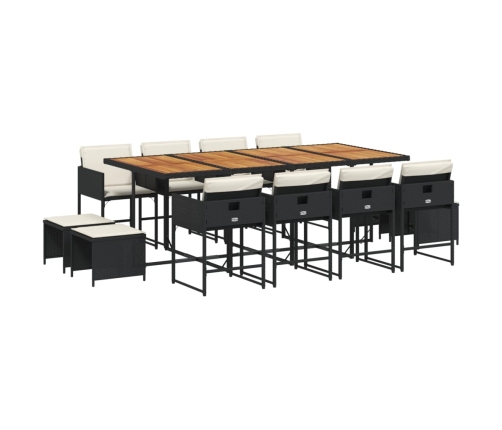 Set comedor de jardín con cojines 13 pzas ratán sintético negro