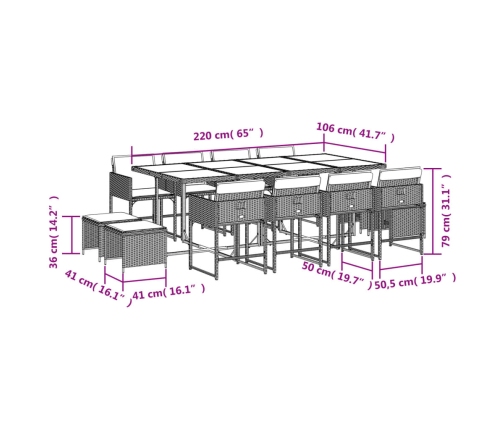 Set comedor de jardín con cojines 13 pzas ratán sintético negro