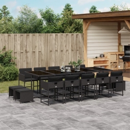 Set comedor de jardín con cojines 15 pzas ratán sintético negro