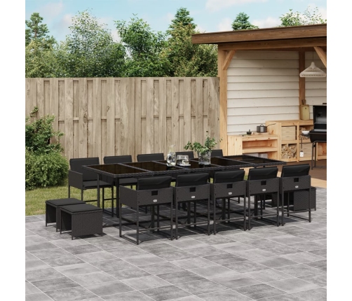 Set comedor de jardín con cojines 15 pzas ratán sintético negro