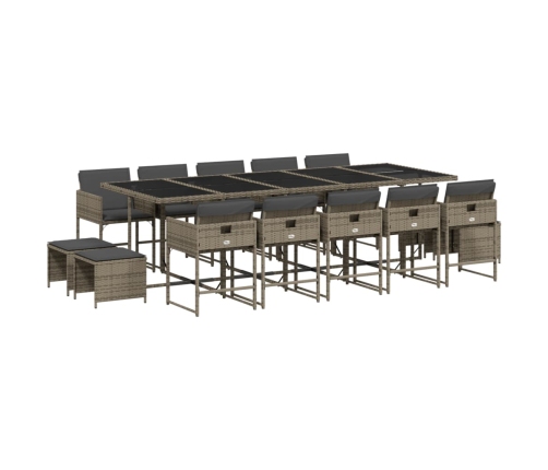 Set comedor de jardín con cojines 15 pzas ratán sintético gris