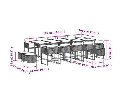 Set comedor de jardín con cojines 15 pzas ratán sintético gris