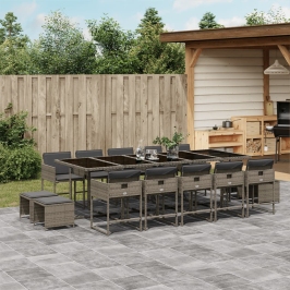 Set comedor de jardín con cojines 15 pzas ratán sintético gris