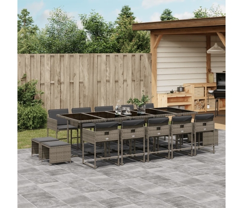 Set comedor de jardín con cojines 15 pzas ratán sintético gris