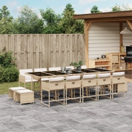 Set comedor de jardín con cojines 15 pzas ratán sintético beige