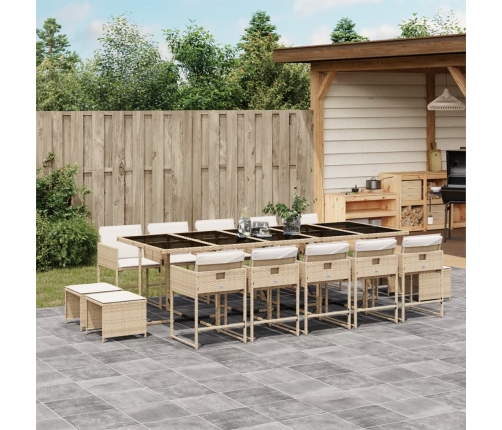 Set comedor de jardín con cojines 15 pzas ratán sintético beige