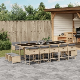 Set comedor de jardín con cojines 15 pzas ratán sintético beige