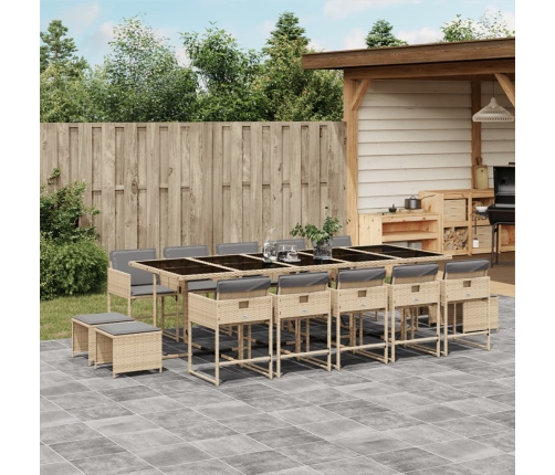 Set comedor de jardín con cojines 15 pzas ratán sintético beige