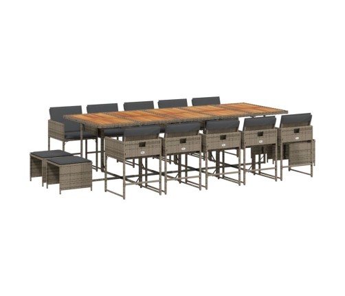 Set comedor de jardín con cojines 15 pzas ratán sintético gris