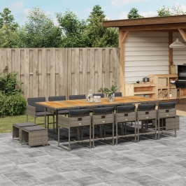 Set comedor de jardín con cojines 15 pzas ratán sintético gris