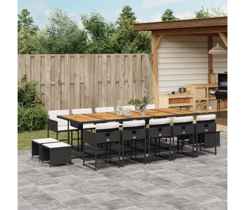 Set comedor de jardín con cojines 15 pzas ratán sintético negro