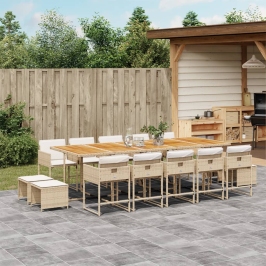 Set comedor de jardín con cojines 15 pzas ratán sintético beige