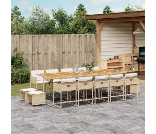 Set comedor de jardín con cojines 15 pzas ratán sintético beige