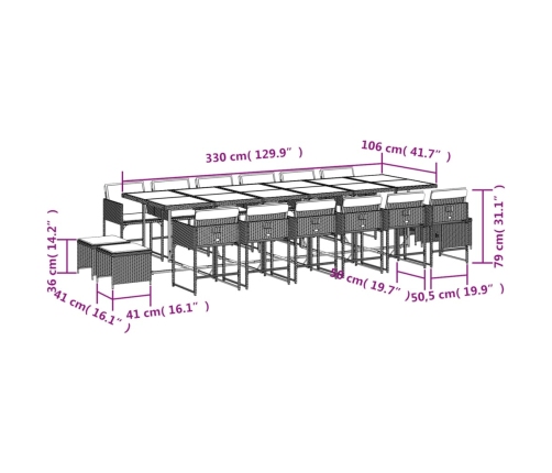 Set comedor de jardín 17 pzas y cojines ratán sintético gris