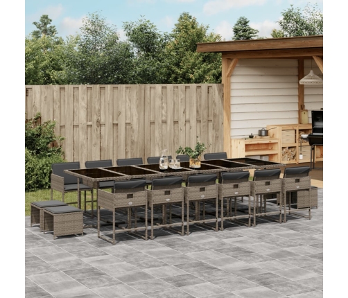 Set comedor de jardín 17 pzas y cojines ratán sintético gris