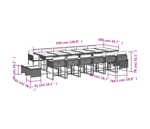 Set comedor de jardín 17 pzas con cojines ratán sintético beige