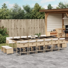 Set comedor de jardín 17 pzas con cojines ratán sintético beige