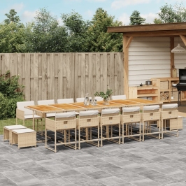 Set comedor de jardín 17 pzas con cojines ratán sintético beige
