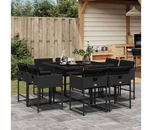 Set de comedor de jardín 9 pzas y cojines ratán sintético negro