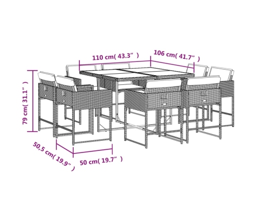 Set comedor para jardín 9 pzas y cojines ratán sintético marrón