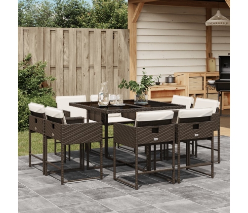Set comedor para jardín 9 pzas y cojines ratán sintético marrón