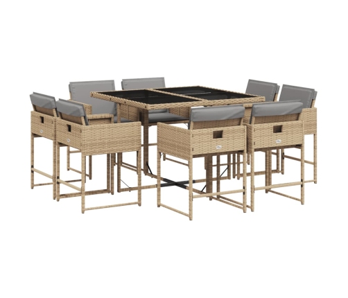 Set comedor de jardín 9 pzas con cojines ratán sintético beige
