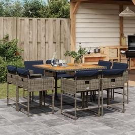 Set comedor jardín 9 pzas y cojines ratán sintético gris