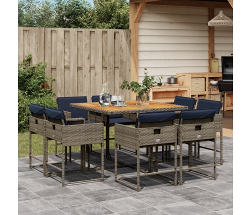 Set comedor jardín 9 pzas y cojines ratán sintético gris