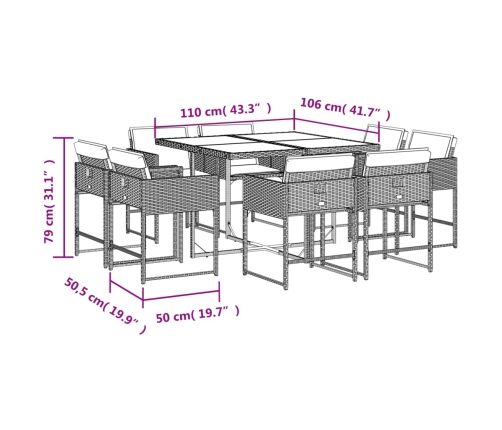 Set de comedor de jardín 9 pzas y cojines ratán sintético negro