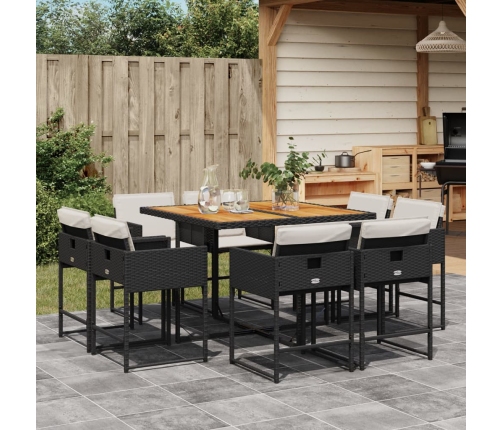 Set de comedor de jardín 9 pzas y cojines ratán sintético negro
