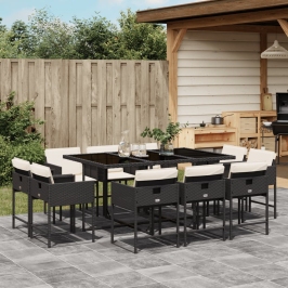 Set de comedor jardín 11 pzas con cojines ratán sintético negro