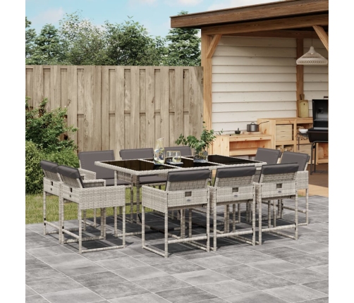 Set de comedor de jardín 11 pzas y cojines ratán sintético gris