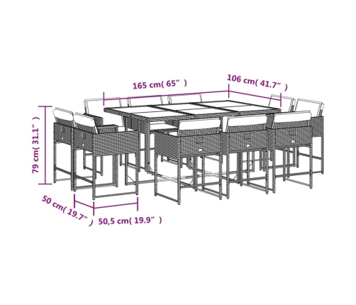 Set comedor de jardín 11 pzas con cojines ratán sintético beige
