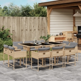 Set comedor de jardín 11 pzas con cojines ratán sintético beige