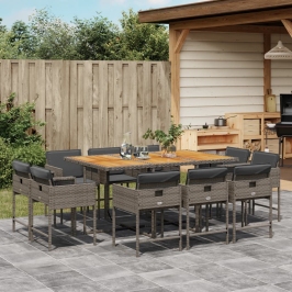 Set de comedor de jardín 11 pzas y cojines ratán sintético gris