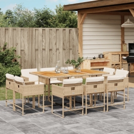 Set comedor de jardín 11 pzas con cojines ratán sintético beige