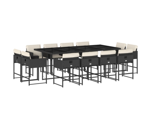 Set comedor de jardín con cojines 13 pzas ratán sintético negro