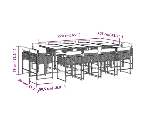 Set comedor de jardín con cojines 13 pzas ratán sintético negro