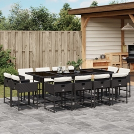 Set comedor de jardín con cojines 13 pzas ratán sintético negro