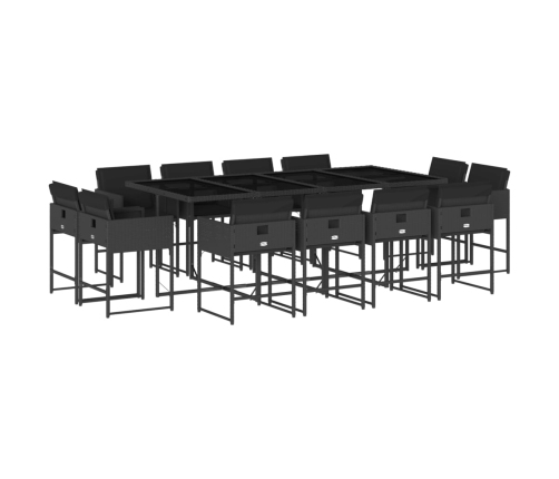 Set comedor de jardín con cojines 13 pzas ratán sintético negro
