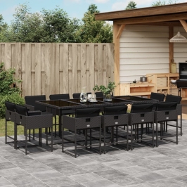 Set comedor de jardín con cojines 13 pzas ratán sintético negro