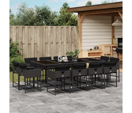 Set comedor de jardín con cojines 13 pzas ratán sintético negro