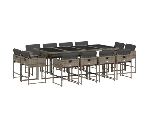 Set comedor de jardín con cojines 13 pzas ratán sintético gris