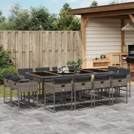 Set comedor de jardín con cojines 13 pzas ratán sintético gris