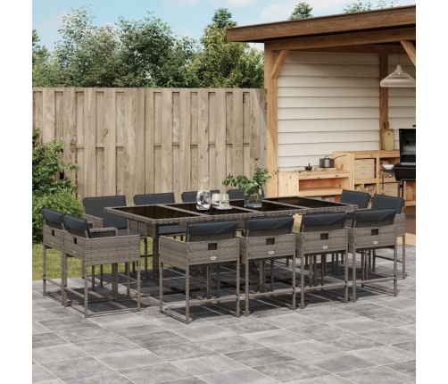 Set comedor de jardín con cojines 13 pzas ratán sintético gris