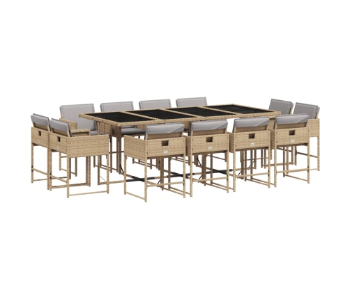 Set comedor de jardín con cojines 13 pzas ratán sintético beige