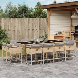 Set comedor de jardín con cojines 13 pzas ratán sintético beige
